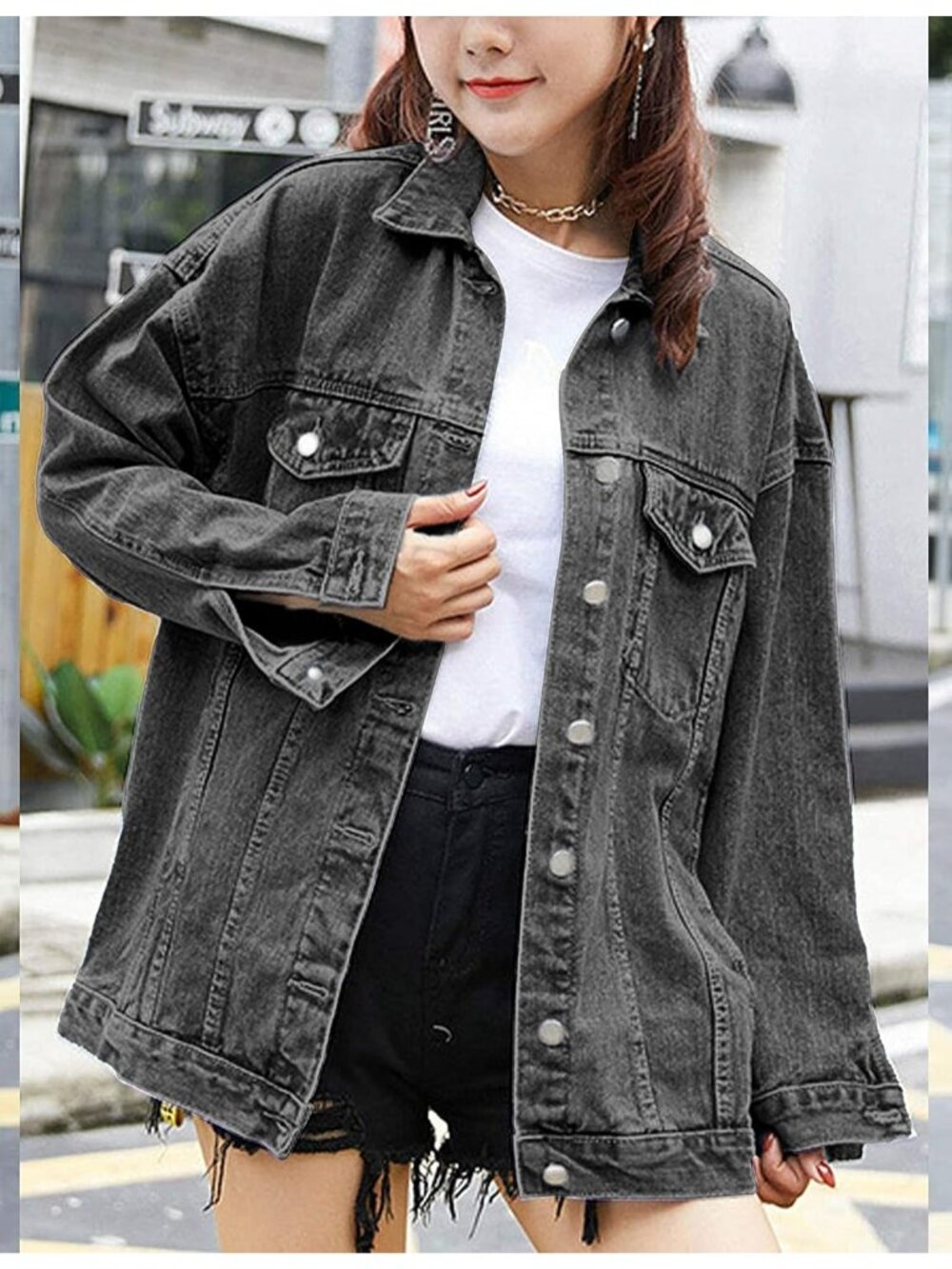 Women's Grey Oversized Denim Mid Long Casual Jacket Fall Trendy with Pockets - Picture 5 of 6
